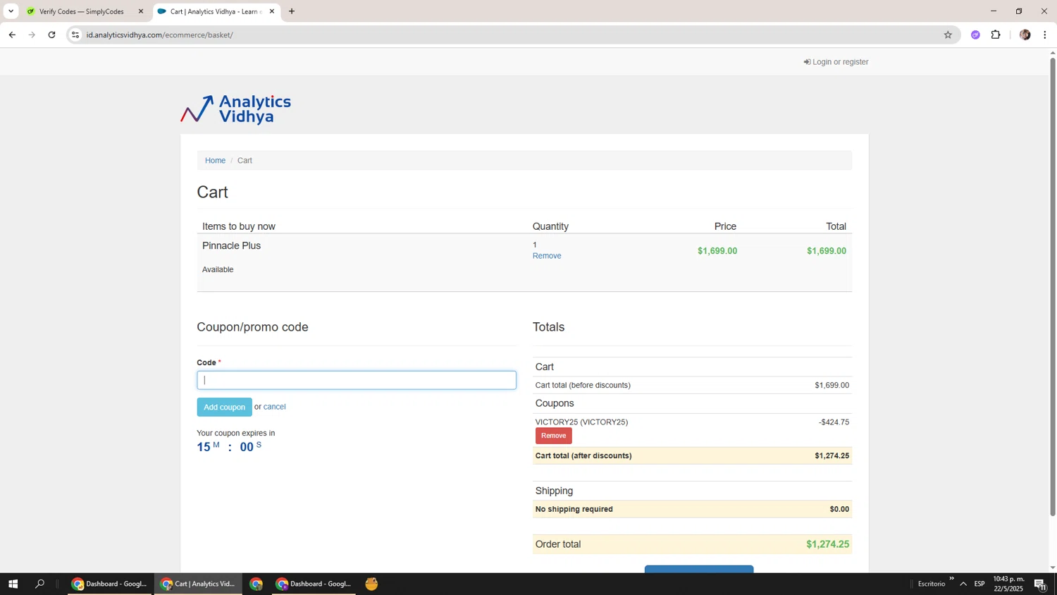 Analytics Vidhya checkout page showing Analytics Vidhya coupon code box | Screenshot taken by SimplyCodes community member on May 23, 2025