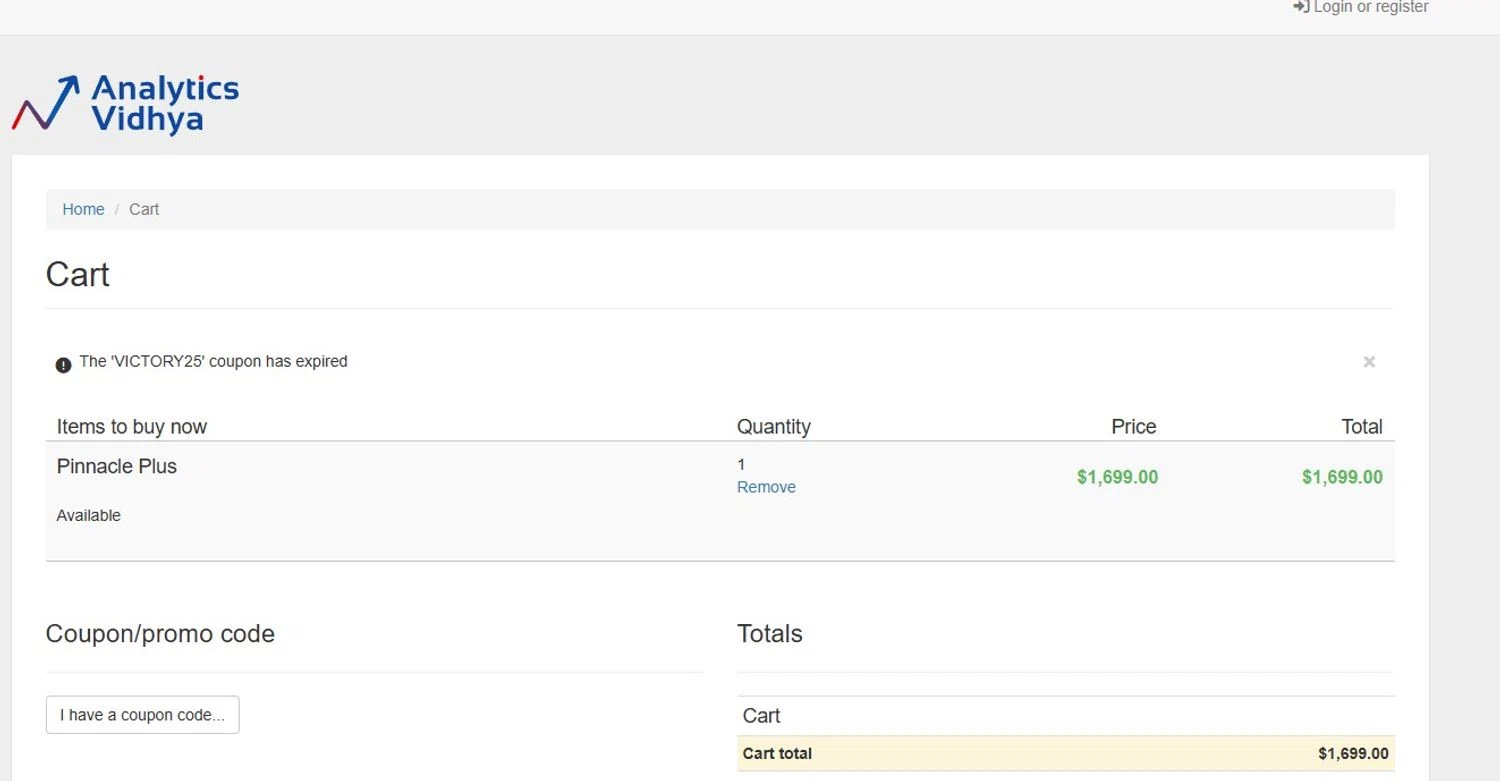 Analytics Vidhya coupon code screenshot showing code VICTORY25 applied at Analytics Vidhya checkout page. Uploaded by SimplyCodes community member Quemiras on Jun 21, 2025