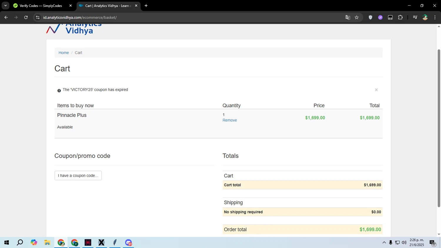Analytics Vidhya coupon code screenshot showing code VICTORY25 applied at Analytics Vidhya checkout page. Uploaded by SimplyCodes community member franalepe on Jun 21, 2025