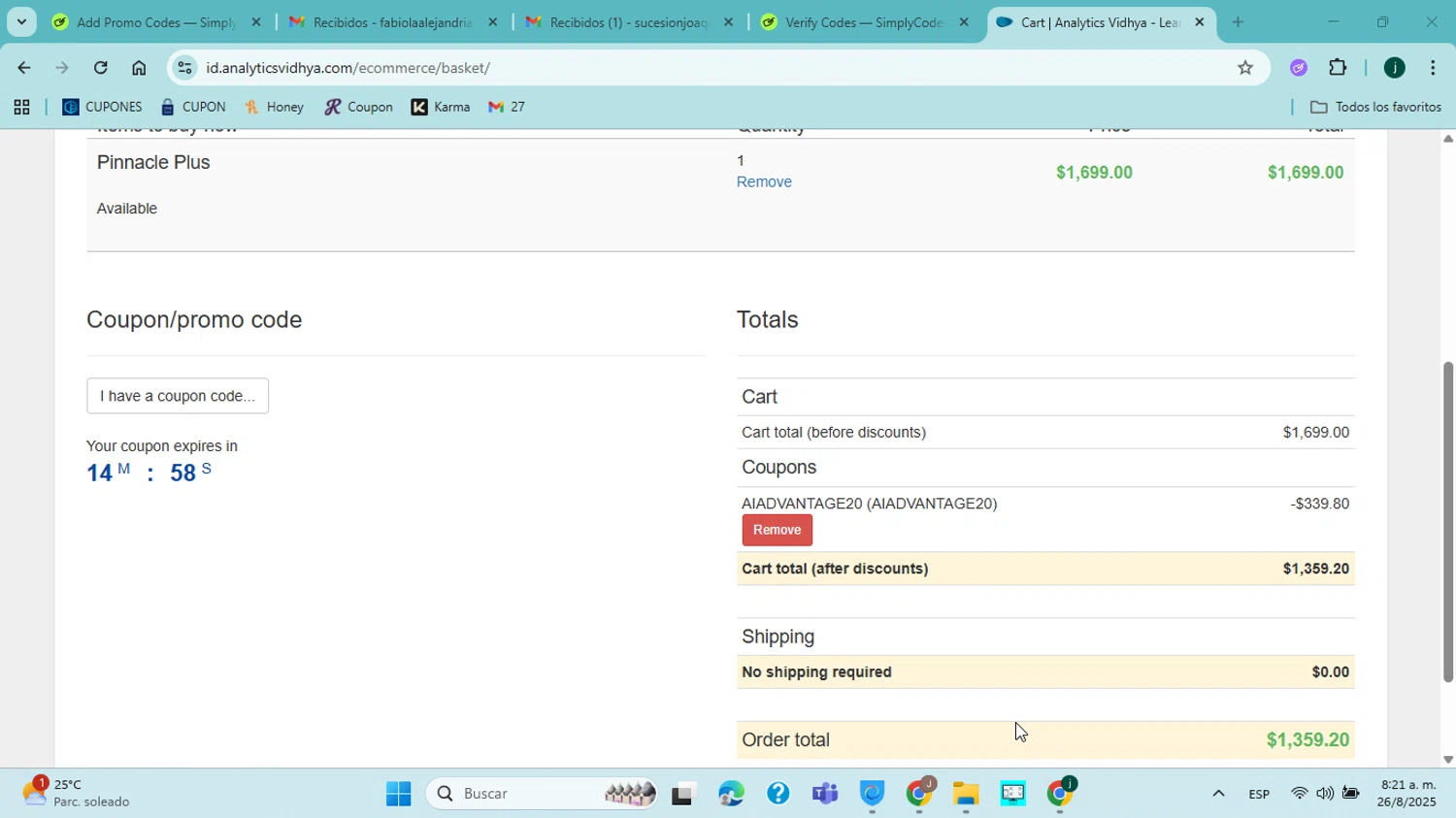 Analytics Vidhya checkout page showing Analytics Vidhya coupon code box | Screenshot taken by SimplyCodes community member on Aug 26, 2025