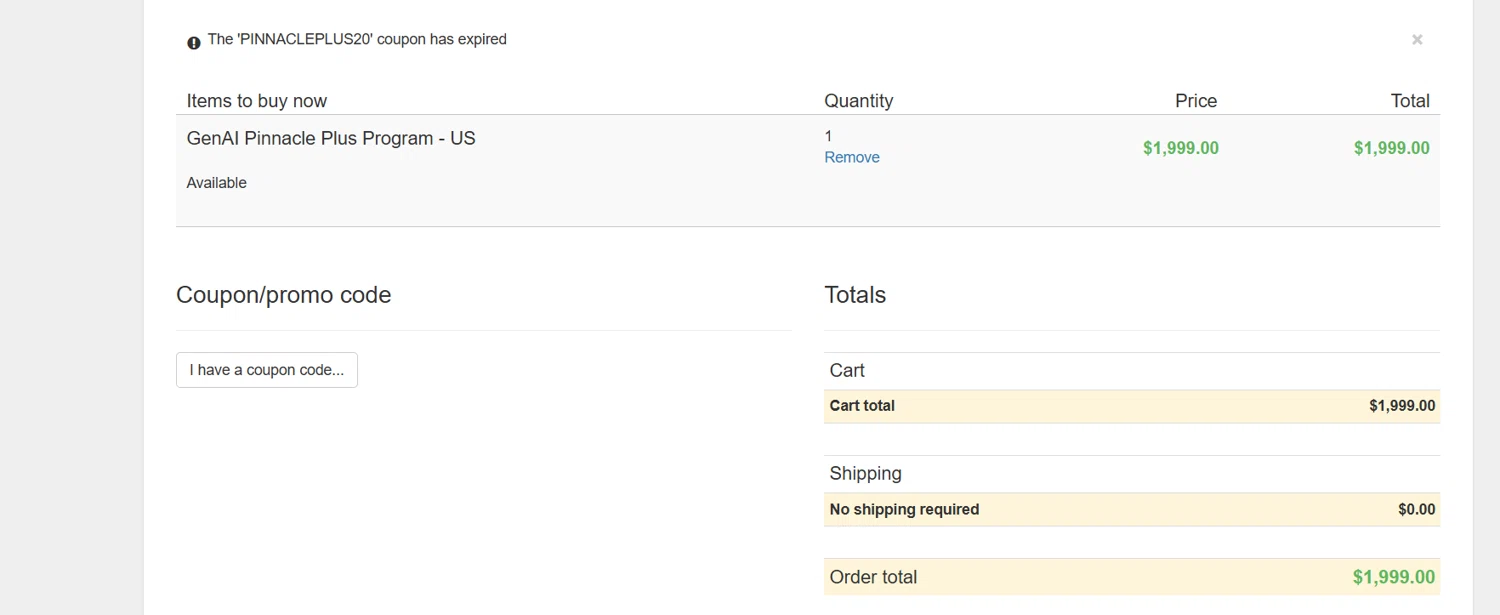 Analytics Vidhya promo code screenshot showing code PINNACLEPLUS20 applied at Analytics Vidhya checkout page. Uploaded by SimplyCodes community member CRYSTALSUICINE on Mar 26, 2026