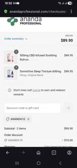 Ananda10 coupon verification screenshot