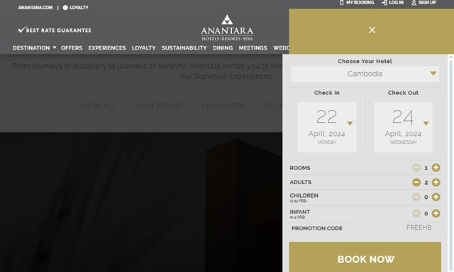 Anantara Resorts checkout page showing Anantara Resorts coupon code box | Screenshot taken by SimplyCodes community member on Apr 22, 2024
