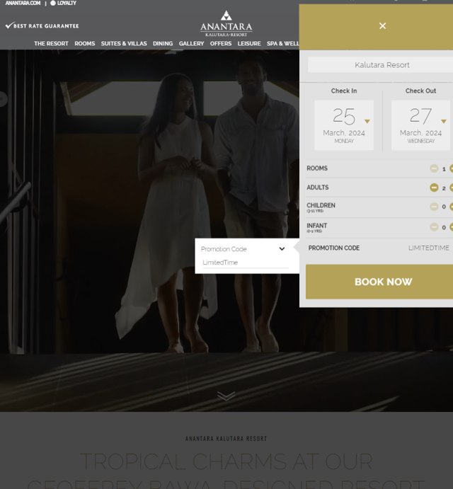 Anantara Resorts checkout page showing Anantara Resorts coupon code box | Screenshot taken by SimplyCodes community member on Mar 25, 2024