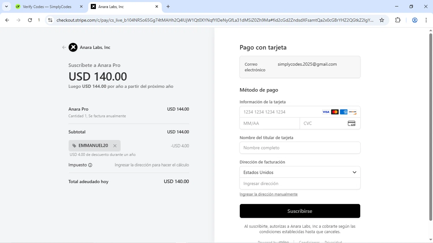 Anara promo code screenshot showing code EMMANUEL20 applied at Anara checkout page. Uploaded by SimplyCodes community member Dizlike on Sep 10, 2025
