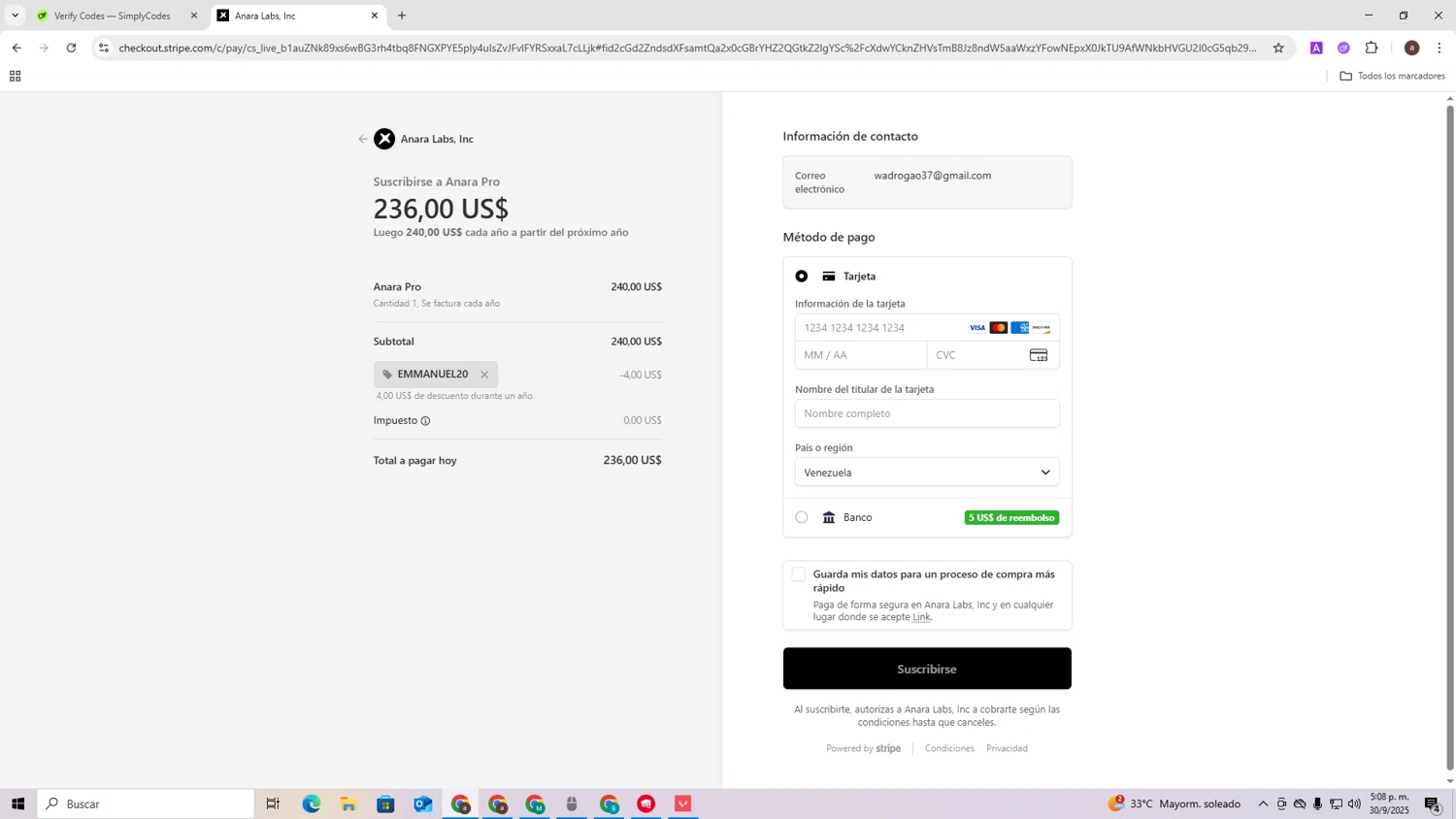 Anara promo code screenshot showing code EMMANUEL20 applied at Anara checkout page. Uploaded by SimplyCodes community member RoyalLegend4835 on Sep 30, 2025