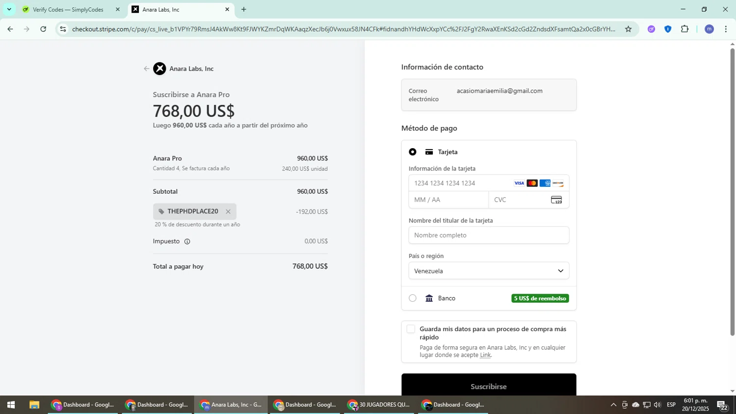 Anara promo code screenshot showing code THEPHDPLACE20 applied at Anara checkout page. Uploaded by SimplyCodes community member QuestDefender2661 on Dec 20, 2025