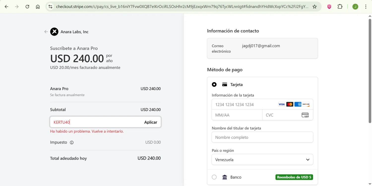 Anara promo code screenshot showing code KERTU40 applied at Anara checkout page. Uploaded by SimplyCodes community member ShrewdChaser7973 on Dec 6, 2025