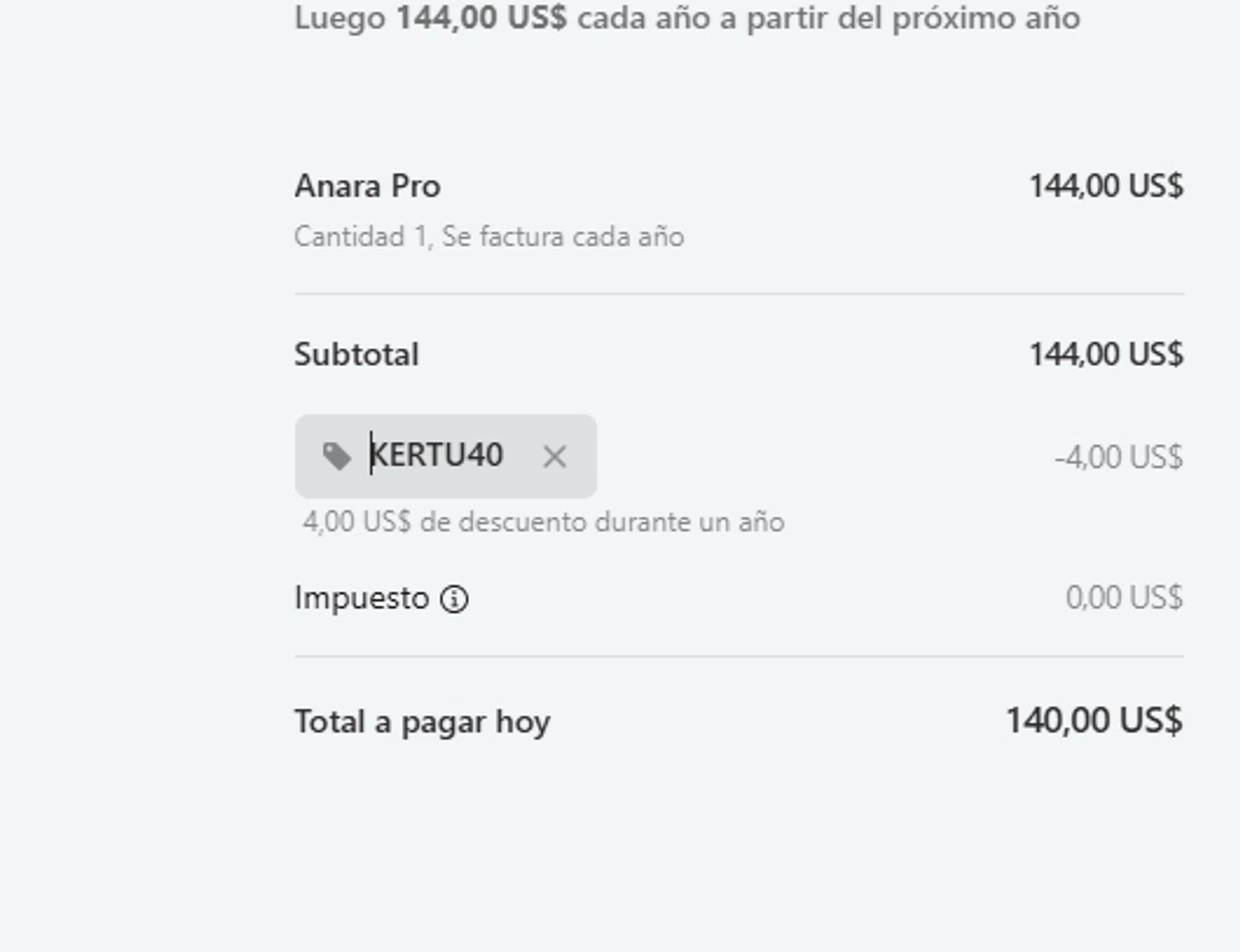 Anara promo code screenshot showing code KERTU40 applied at Anara checkout page. Uploaded by SimplyCodes community member yasmiragonzalez on Sep 10, 2025