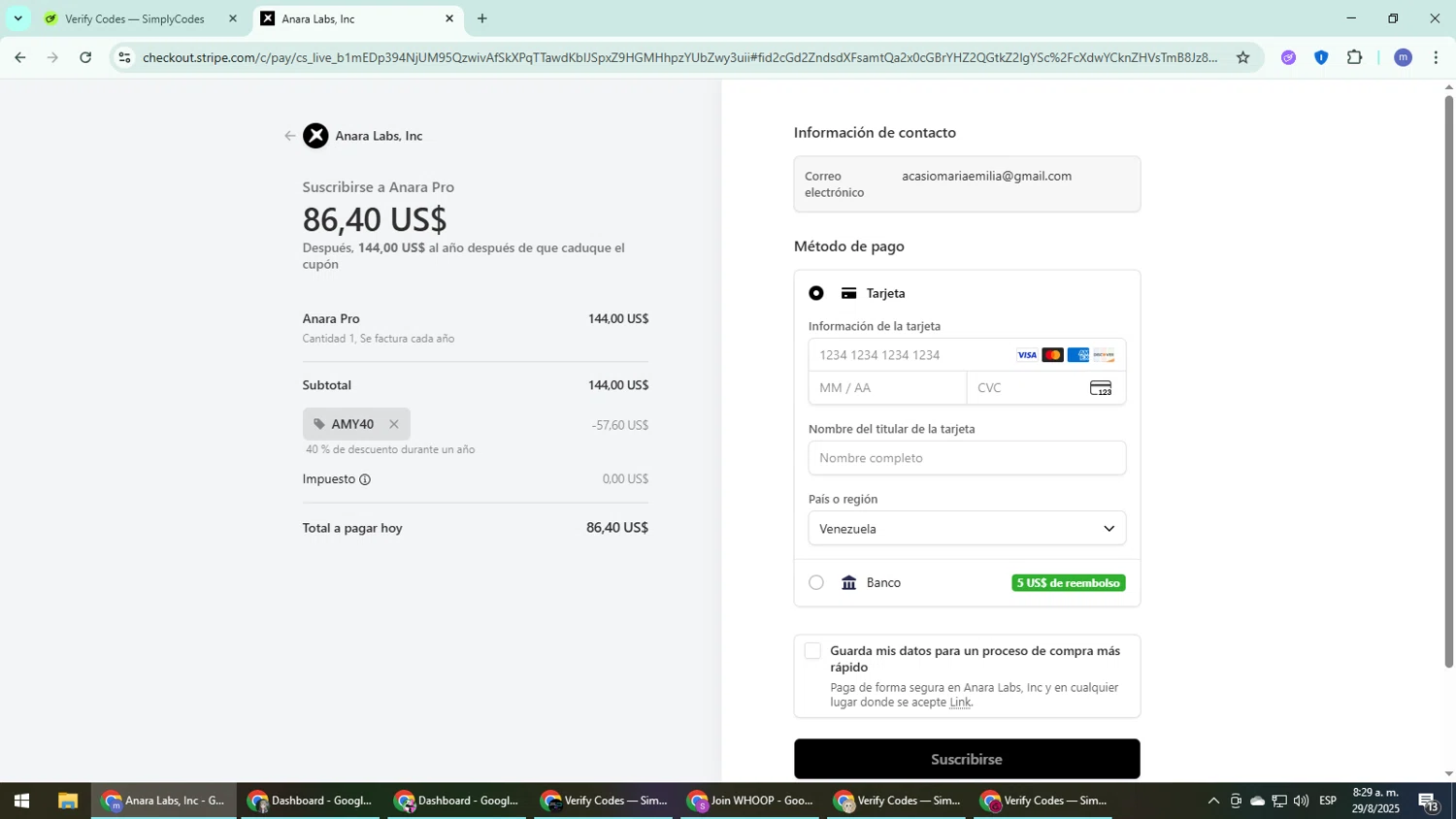 Anara promo code screenshot showing code AMY40 applied at Anara checkout page. Uploaded by SimplyCodes community member QuestDefender2661 on Aug 29, 2025
