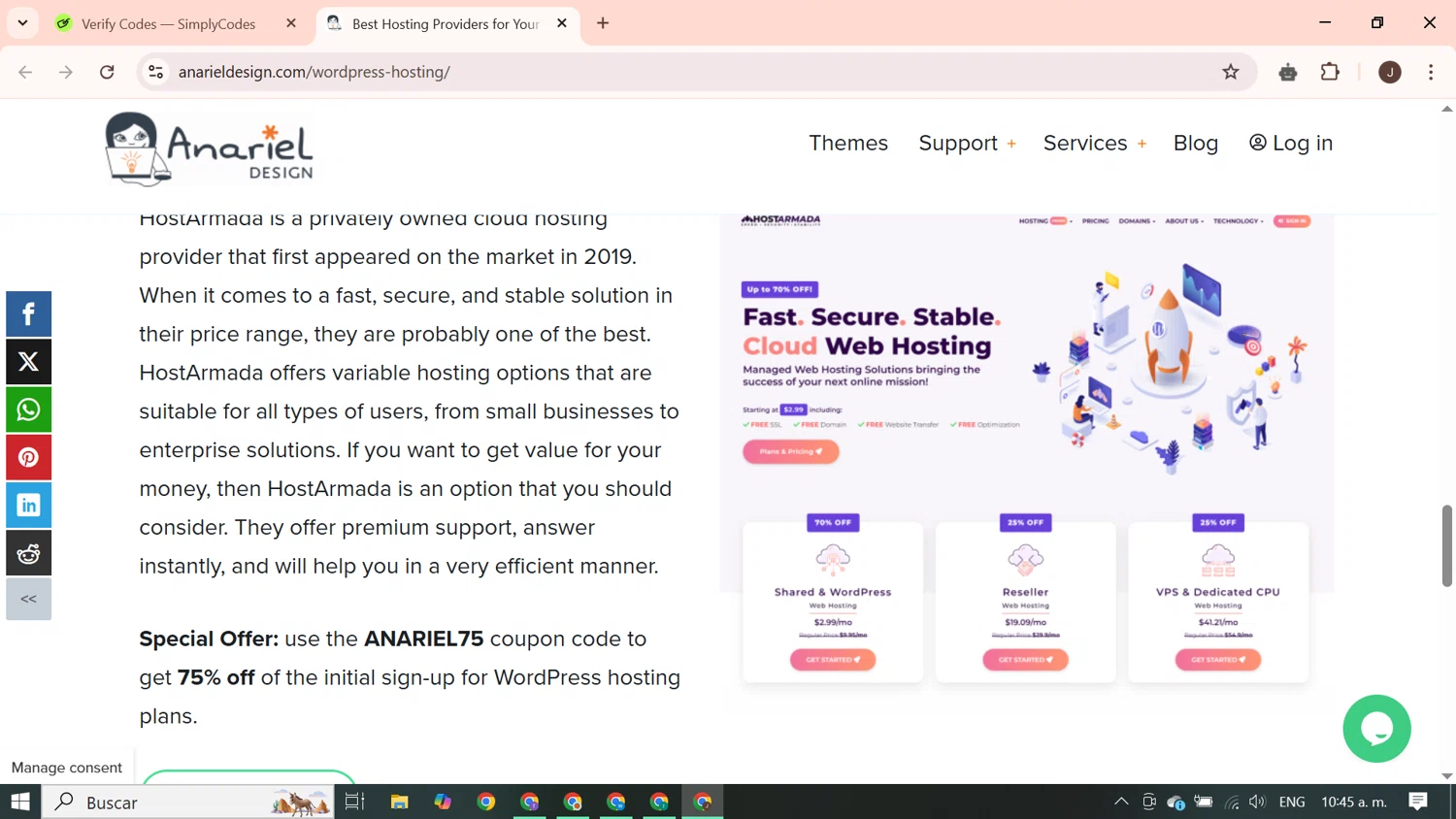 Anariel Design promo code screenshot showing code ANARIEL75 applied at Anariel Design checkout page. Uploaded by SimplyCodes community member PrimeGenius2371 on May 8, 2025