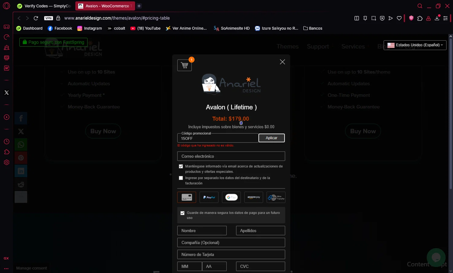 Anariel Design promo code screenshot showing code 15OFF applied at Anariel Design checkout page. Uploaded by SimplyCodes community member Ema007 on May 31, 2025
