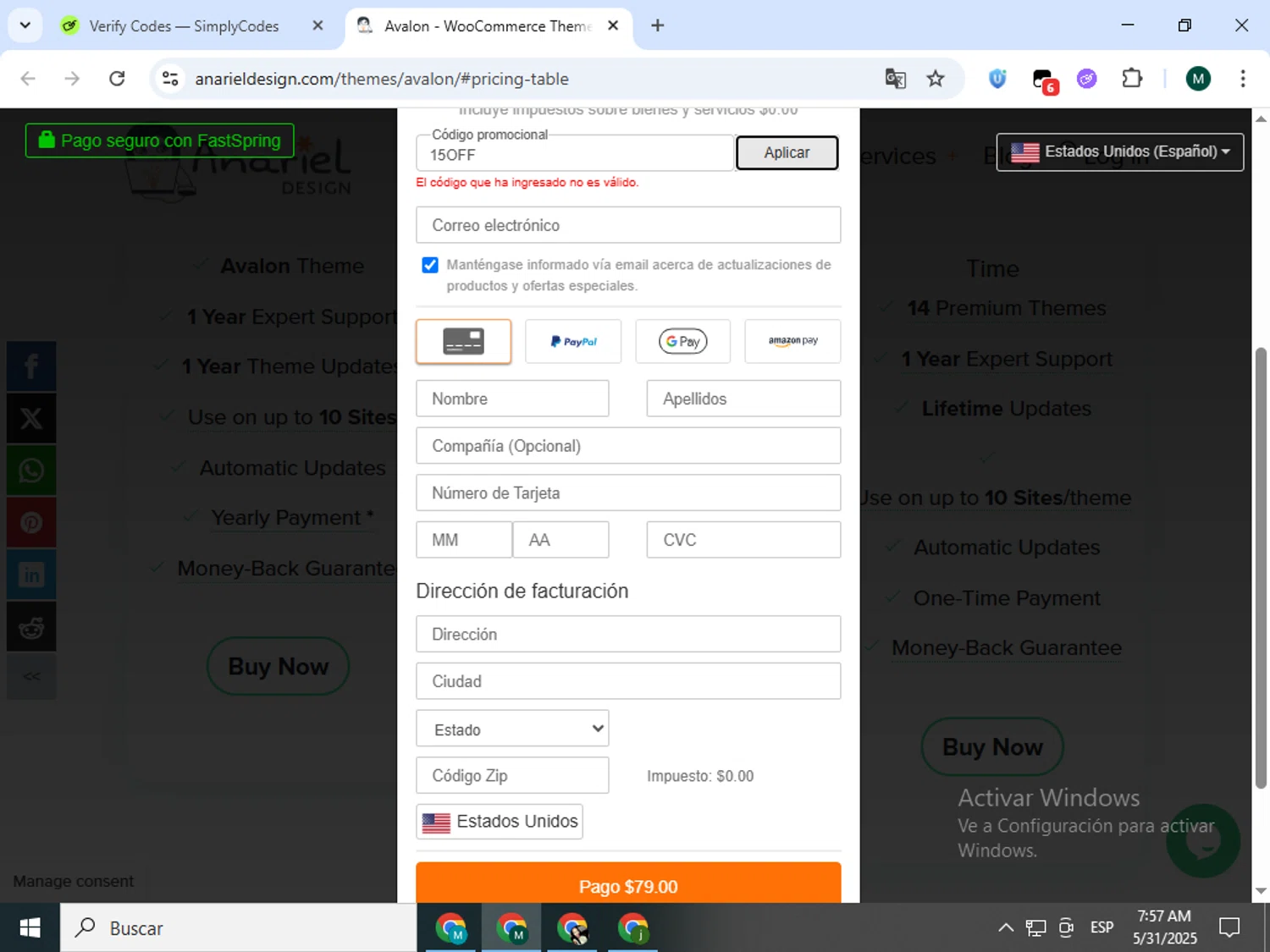 Anariel Design promo code screenshot showing code 15OFF applied at Anariel Design checkout page. Uploaded by SimplyCodes community member Jorgeluisvera on May 31, 2025