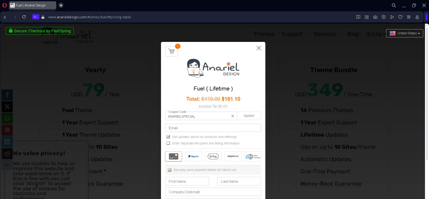 Anariel Design promo code screenshot showing code ANARIELSPECIAL applied at Anariel Design checkout page. Uploaded by SimplyCodes community member MadaraUchiha07 on Mar 10, 2025