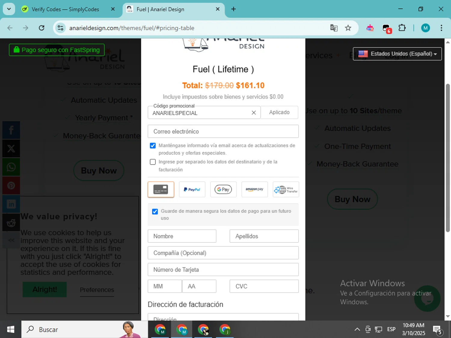Anariel Design promo code screenshot showing code ANARIELSPECIAL applied at Anariel Design checkout page. Uploaded by SimplyCodes community member estrellaveloz on Mar 10, 2025