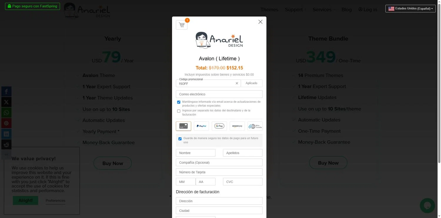 Anariel Design promo code screenshot showing code 15OFF applied at Anariel Design checkout page. Uploaded by SimplyCodes community member Depressive on May 1, 2025