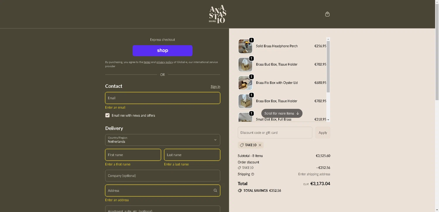 Anastasio Home promo code screenshot showing code TAKE10 applied at Anastasio Home checkout page. Uploaded by SimplyCodes community member SwiftLynx7415 on Oct 15, 2025