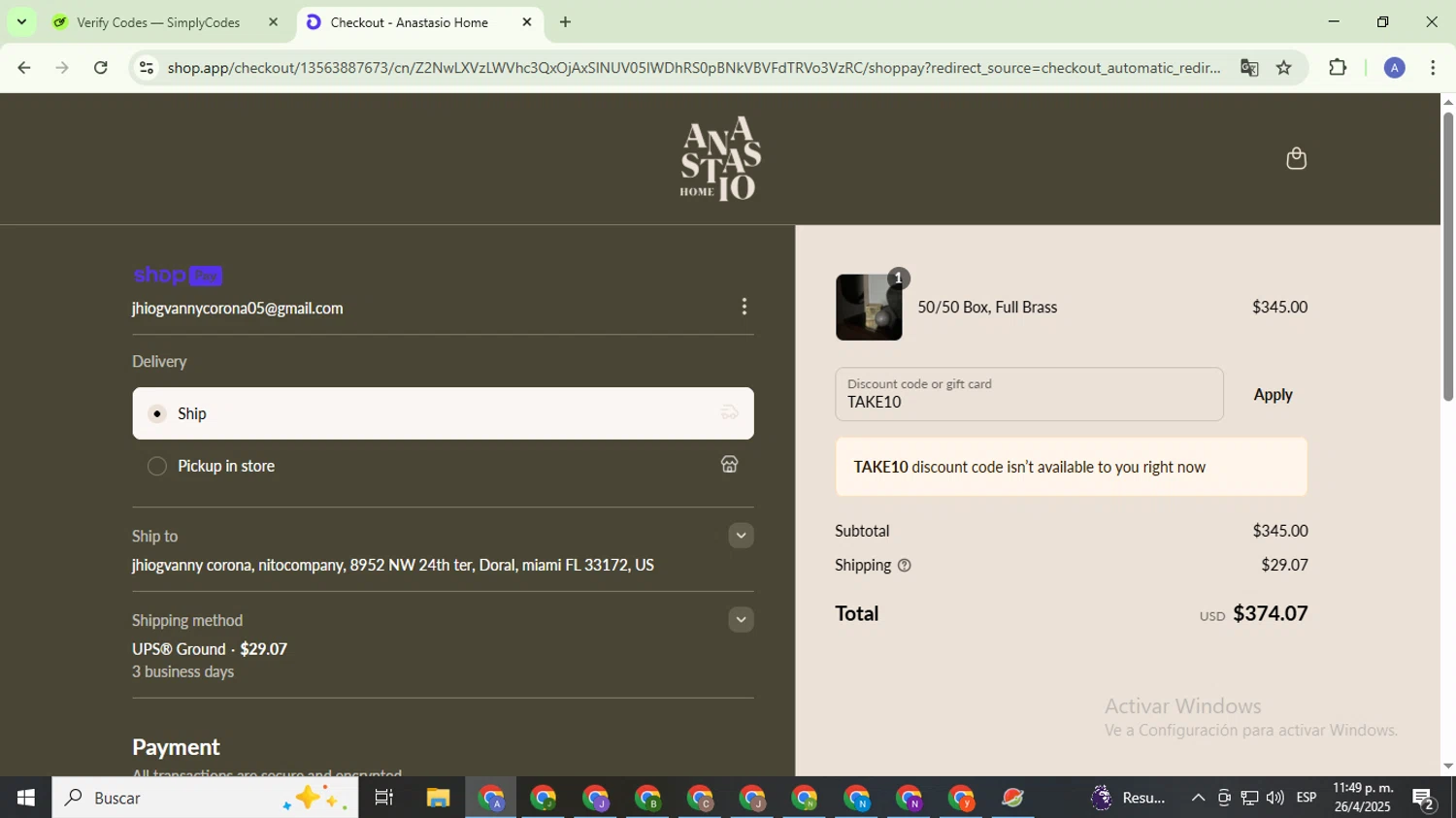 Anastasio Home promo code screenshot showing code TAKE10 applied at Anastasio Home checkout page. Uploaded by SimplyCodes community member TreasureCaptain5531 on Apr 27, 2025