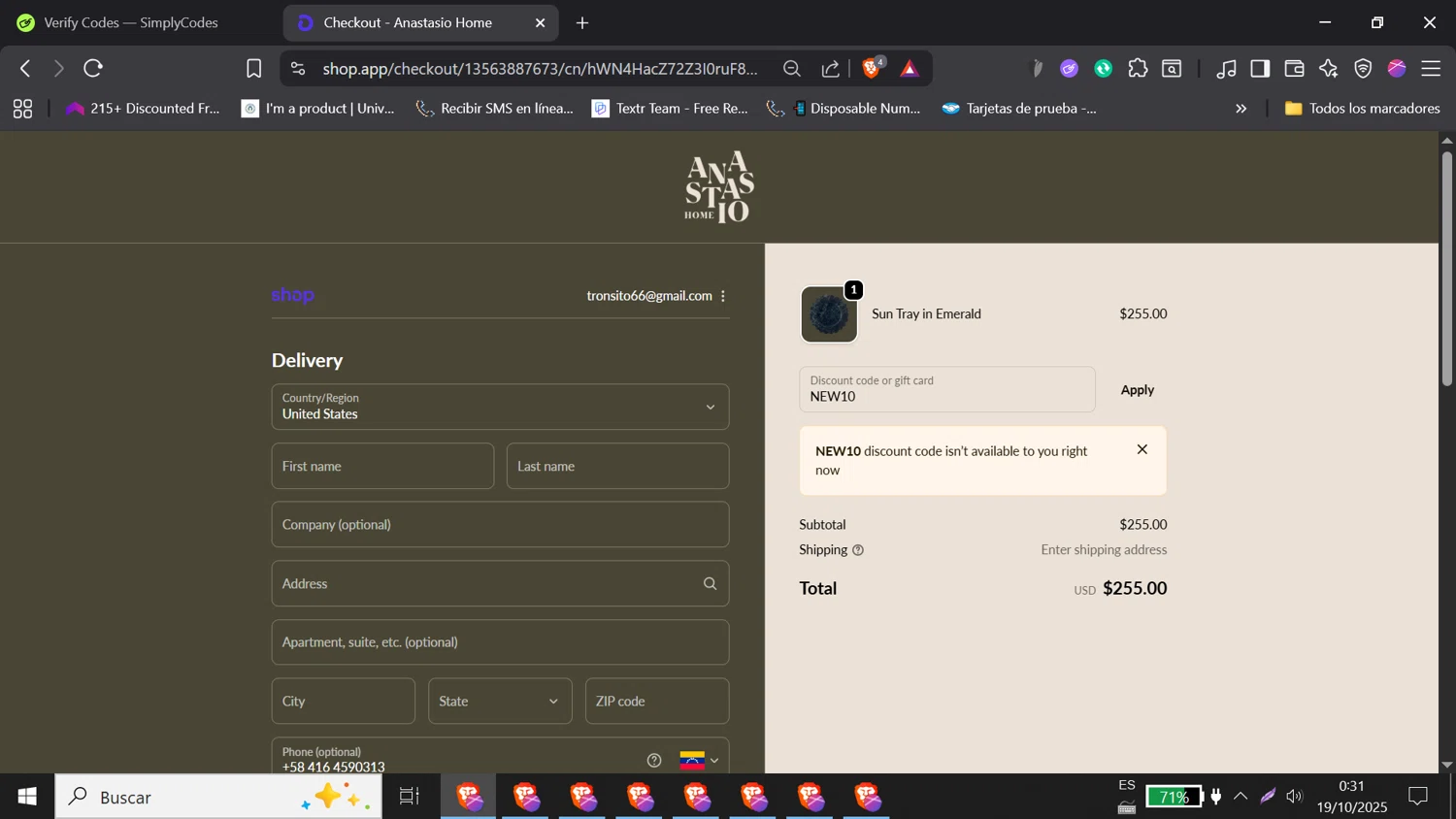 Anastasio Home promo code screenshot showing code NEW10 applied at Anastasio Home checkout page. Uploaded by SimplyCodes community member DORIANGEL on Oct 19, 2025