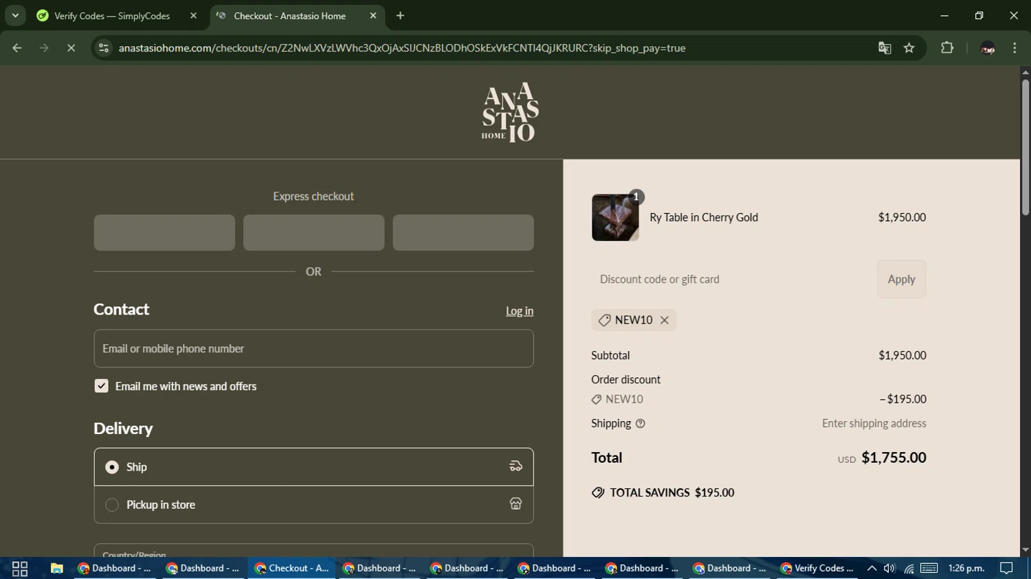 Anastasio Home promo code screenshot showing code NEW10 applied at Anastasio Home checkout page. Uploaded by SimplyCodes community member WonderCurator791 on Apr 8, 2025