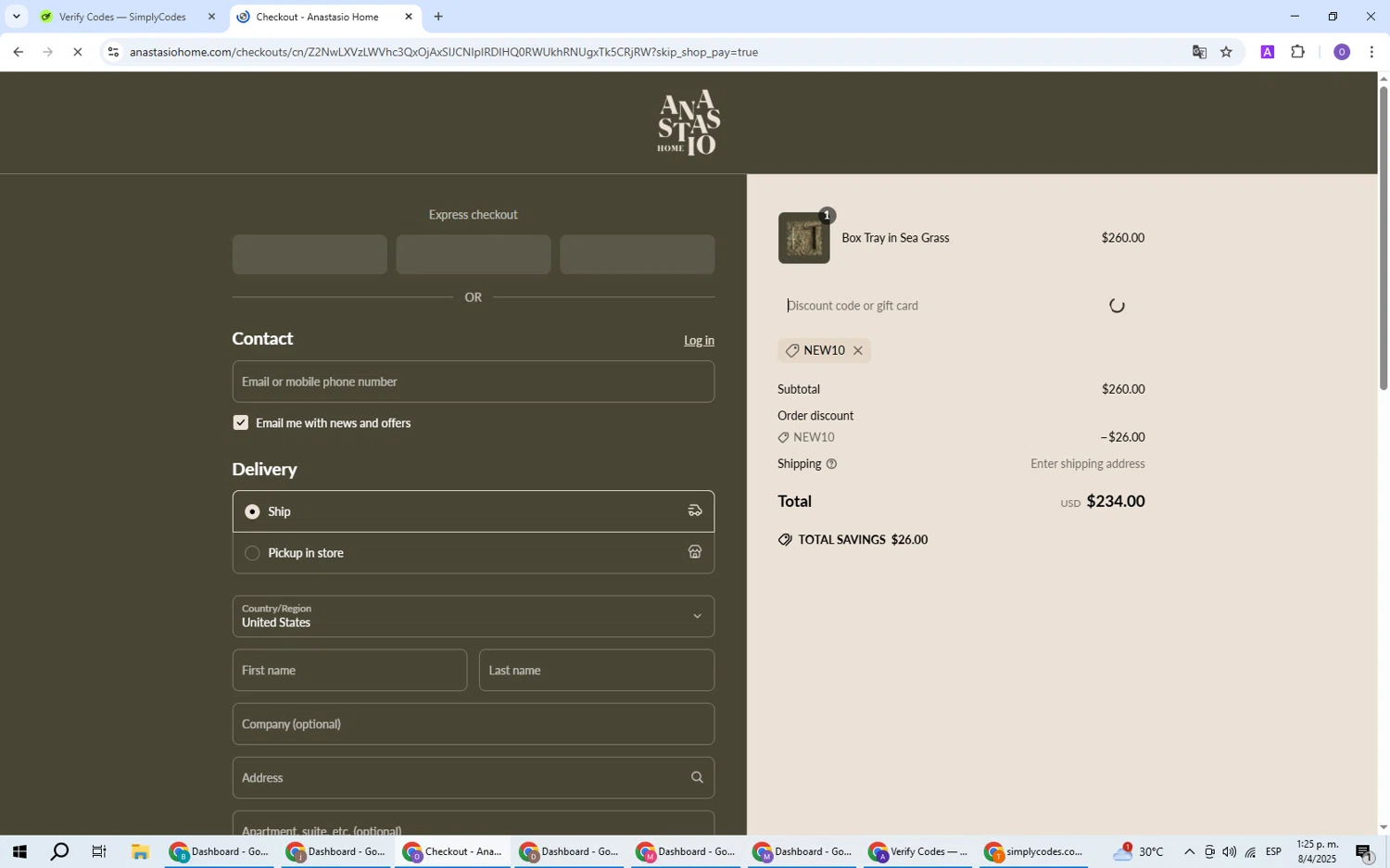 Anastasio Home promo code screenshot showing code NEW10 applied at Anastasio Home checkout page. Uploaded by SimplyCodes community member BudgetHawk9503 on Apr 8, 2025