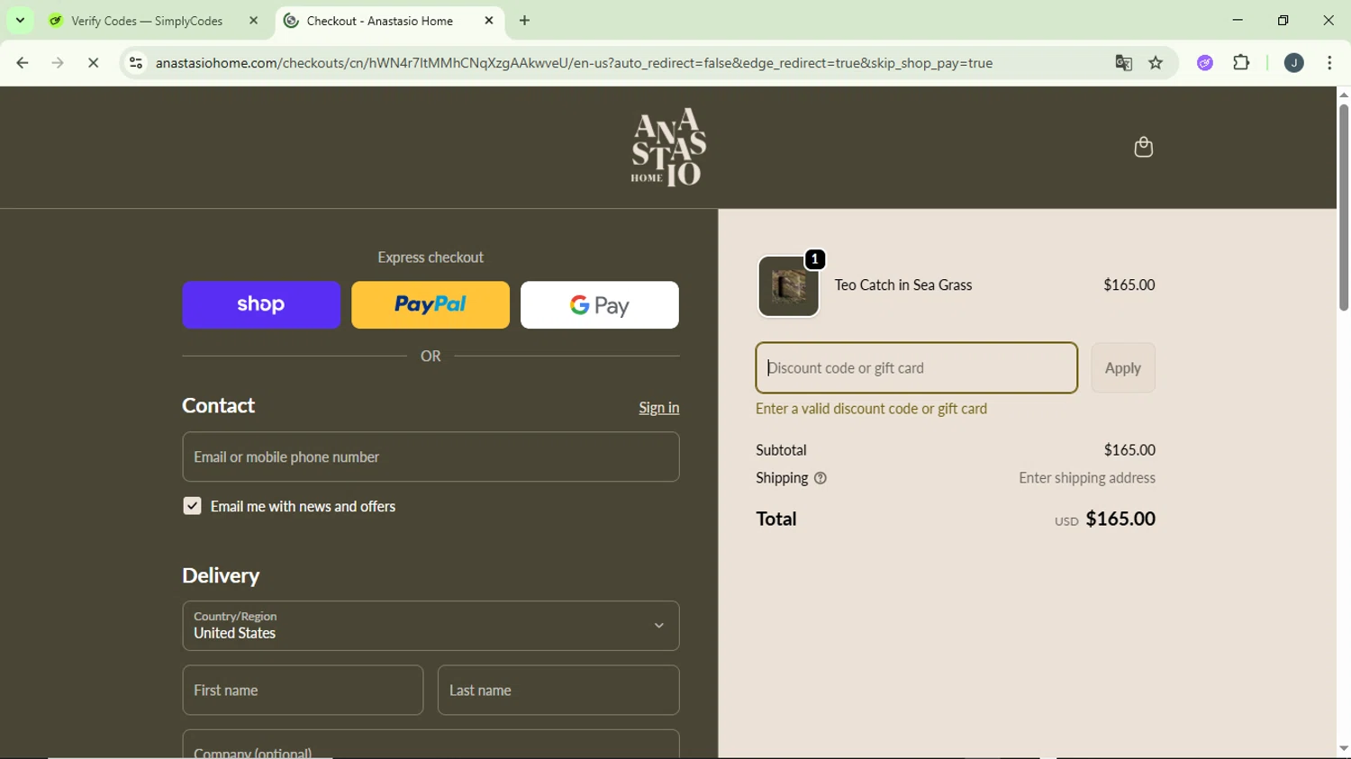 Anastasio Home promo code screenshot showing code FIRSTORDER10 applied at Anastasio Home checkout page. Uploaded by SimplyCodes community member GloriousCollector9930 on Nov 3, 2025