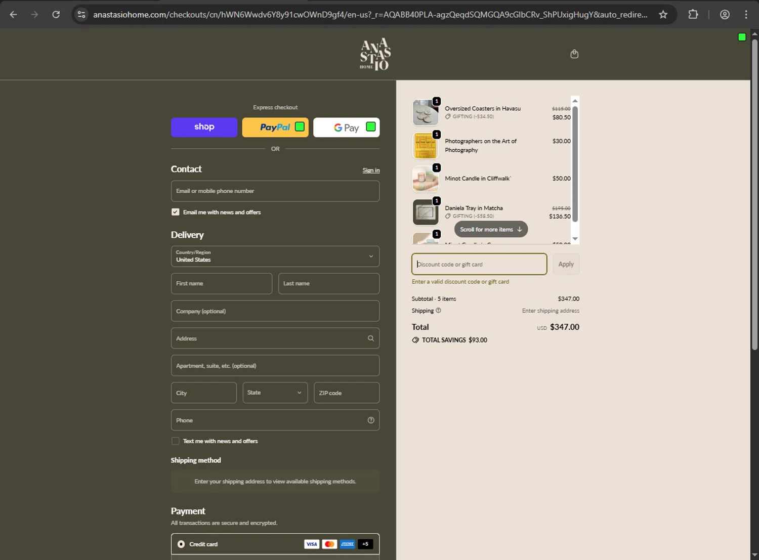 Anastasio Home promo code screenshot showing code HOLIDAY applied at Anastasio Home checkout page. Uploaded by SimplyCodes community member jickselyspolanco on Dec 17, 2025