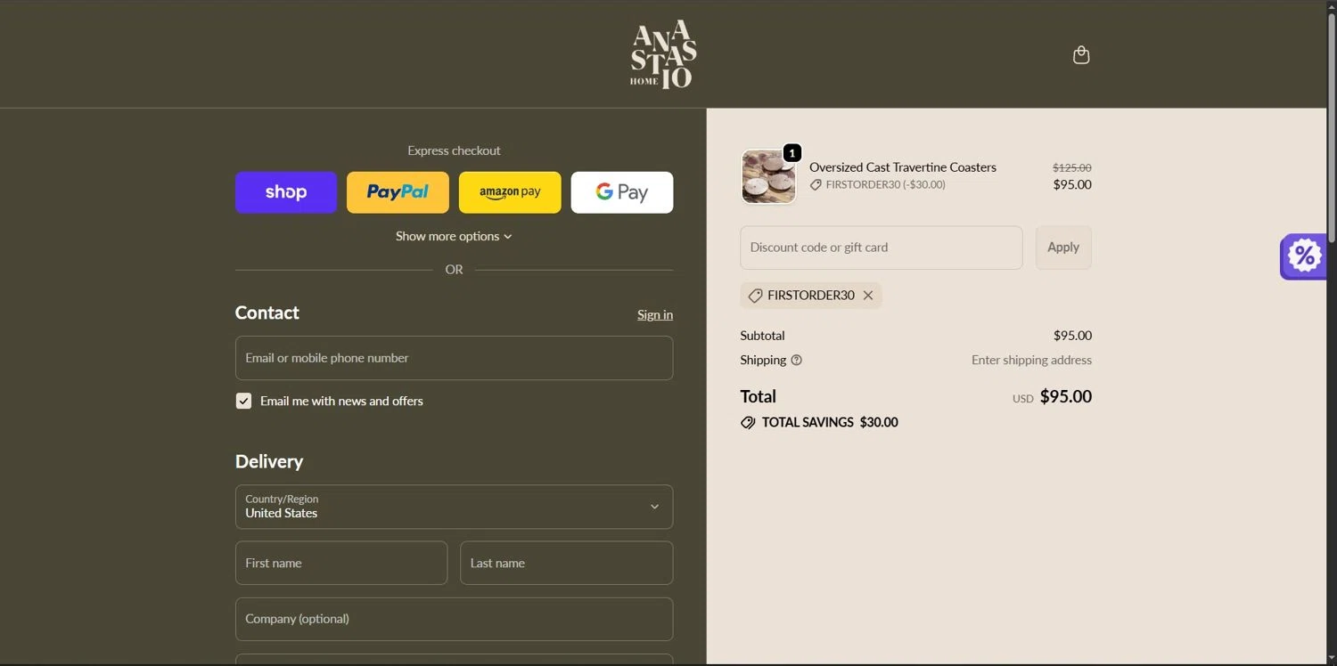 Anastasio Home promo code screenshot showing code FIRSTORDER30 applied at Anastasio Home checkout page. Uploaded by SimplyCodes community member Depressive on Nov 12, 2025