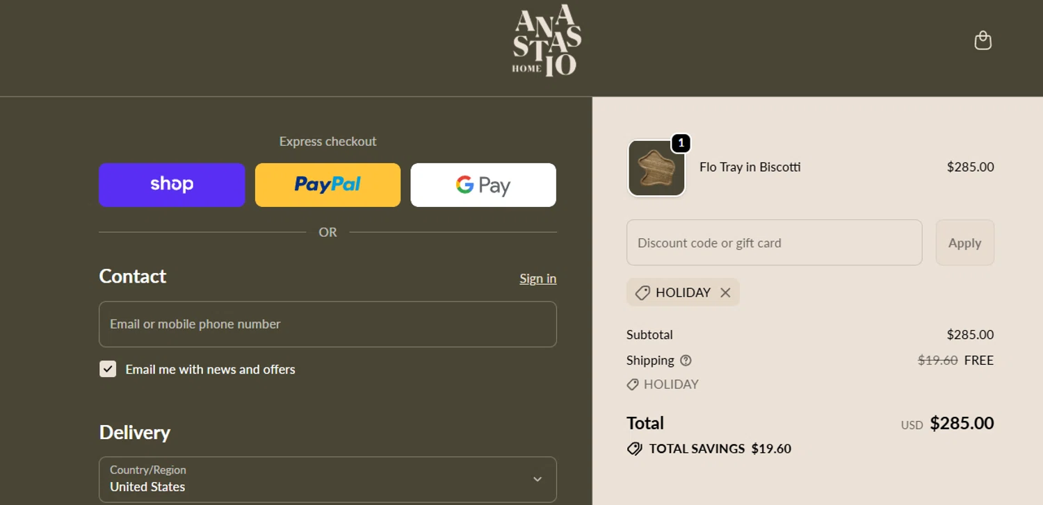 Anastasio Home promo code screenshot showing code HOLIDAY applied at Anastasio Home checkout page. Uploaded by SimplyCodes community member jesspea on Dec 12, 2025