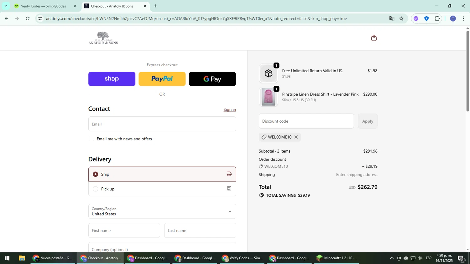 Anatoly's promo code screenshot showing code WELCOME10 applied at Anatoly's checkout page. Uploaded by SimplyCodes community member QuestDefender2661 on Nov 16, 2025