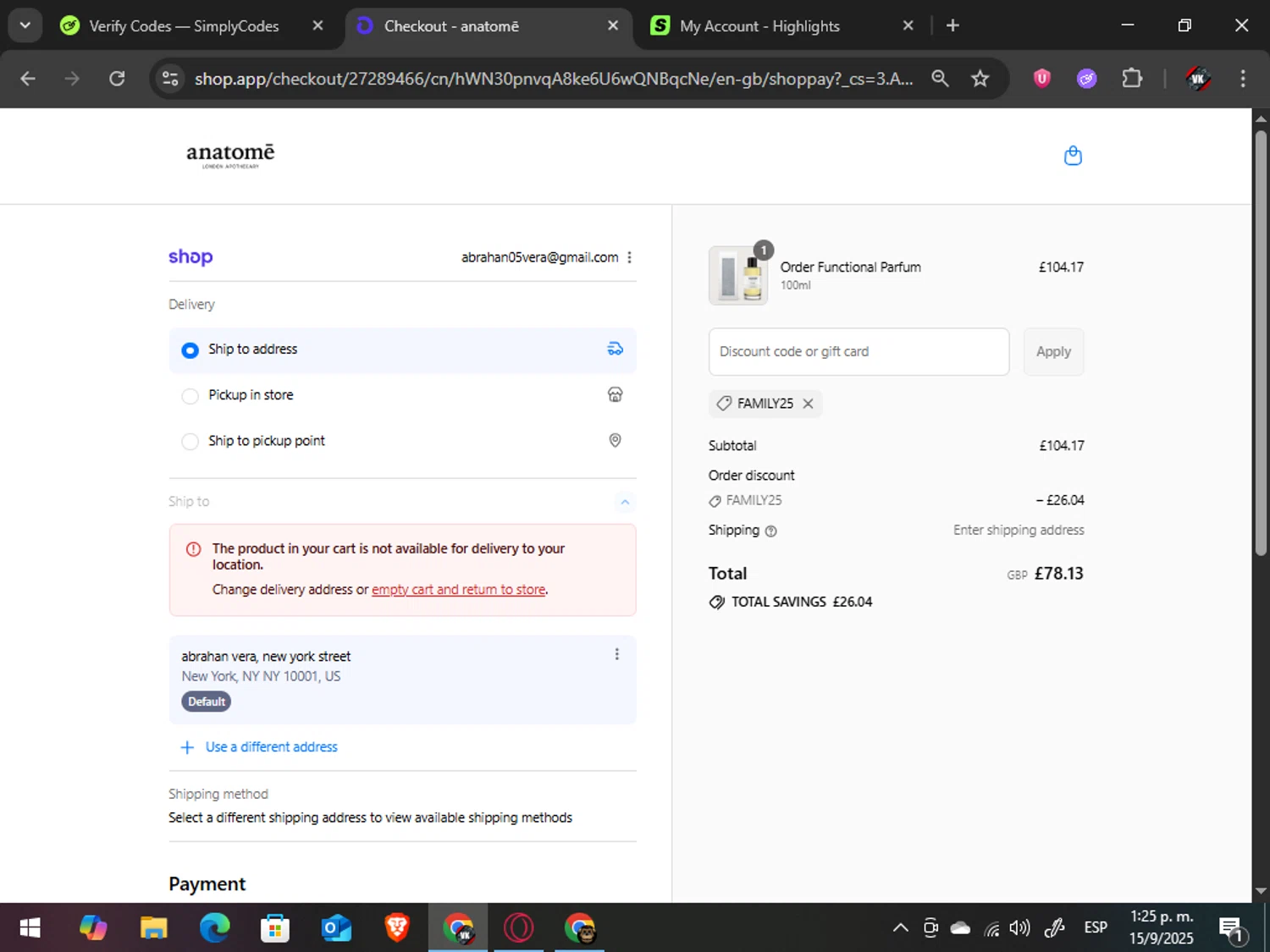Anatome promo code screenshot showing code FAMILY25 applied at Anatome checkout page. Uploaded by SimplyCodes community member TreasureAdmiral6867 on Sep 15, 2025
