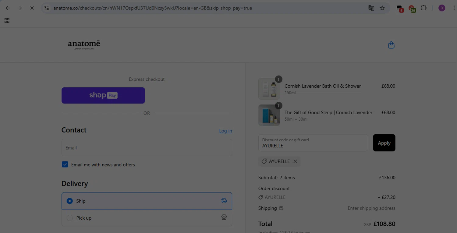 Anatome promo code screenshot showing code AYURELLE applied at Anatome checkout page. Uploaded by SimplyCodes community member GloriousMaven6295 on Jul 27, 2025