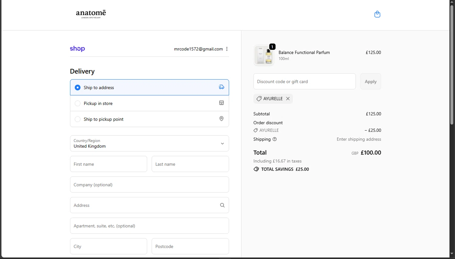 Anatome promo code screenshot showing code AYURELLE applied at Anatome checkout page. Uploaded by SimplyCodes community member TokioMiller on Oct 23, 2025