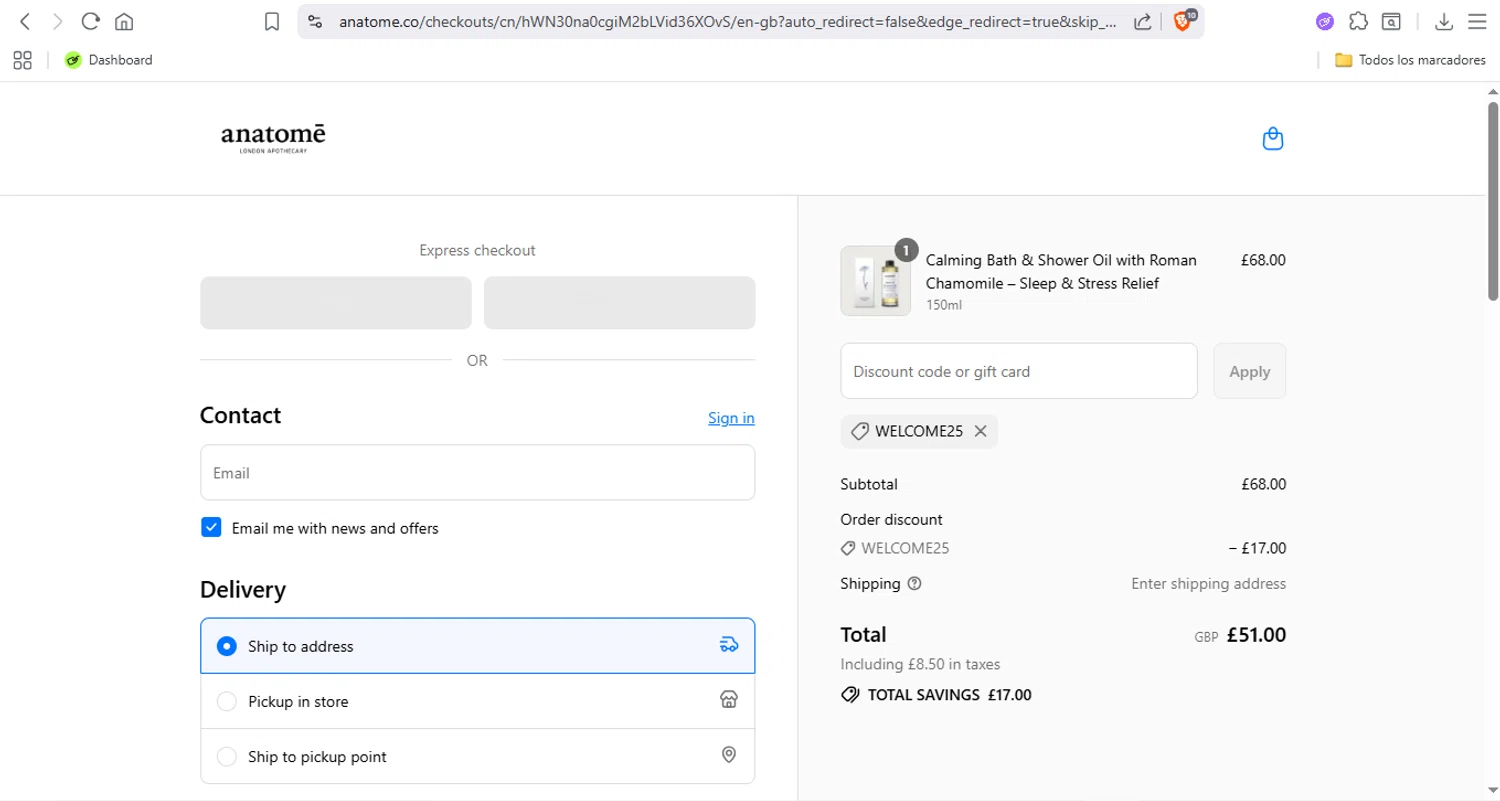 Anatome promo code screenshot showing code WELCOME25 applied at Anatome checkout page. Uploaded by SimplyCodes community member FrugalFox6593 on Sep 15, 2025