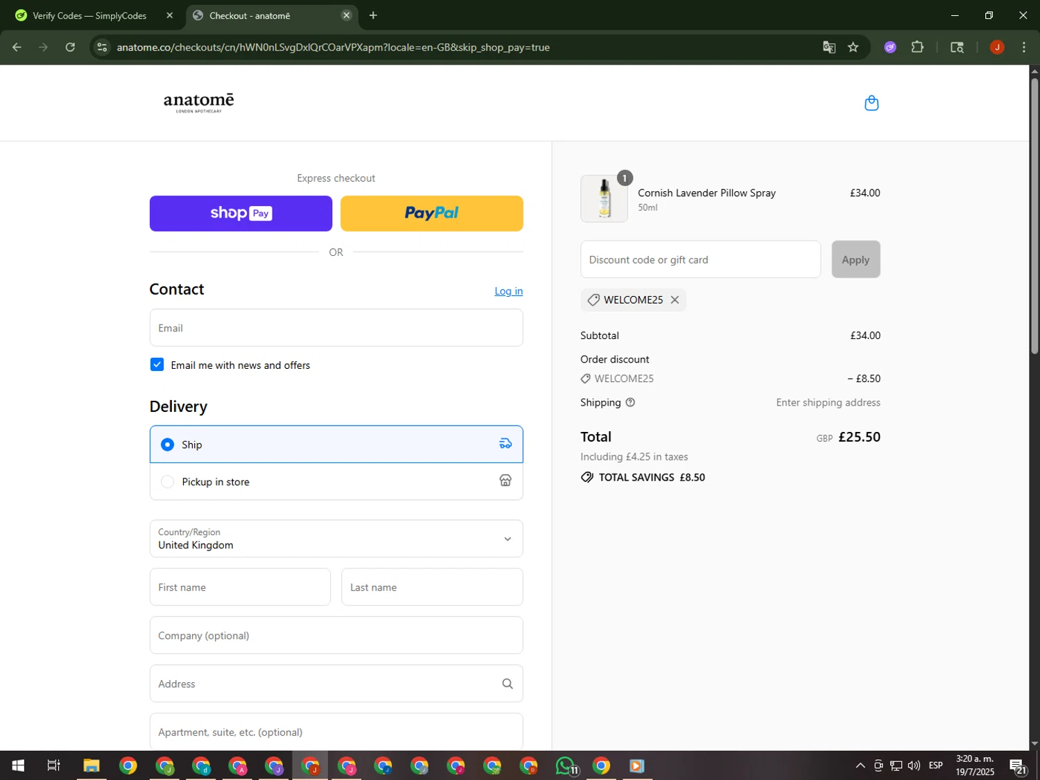 Anatome promo code screenshot showing code WELCOME25 applied at Anatome checkout page. Uploaded by SimplyCodes community member KimDokja on Jul 19, 2025