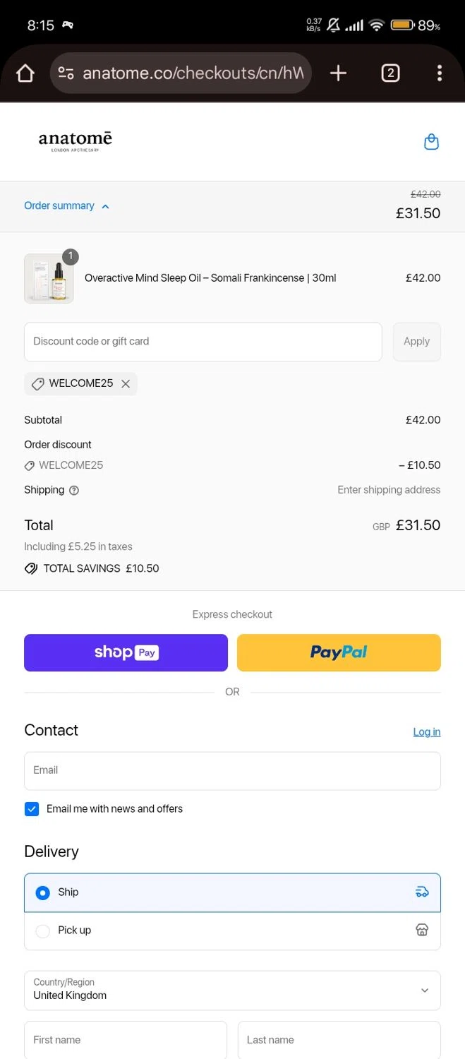 Anatome promo code screenshot showing code WELCOME25 applied at Anatome checkout page. Uploaded by SimplyCodes community member chinito on Aug 23, 2025