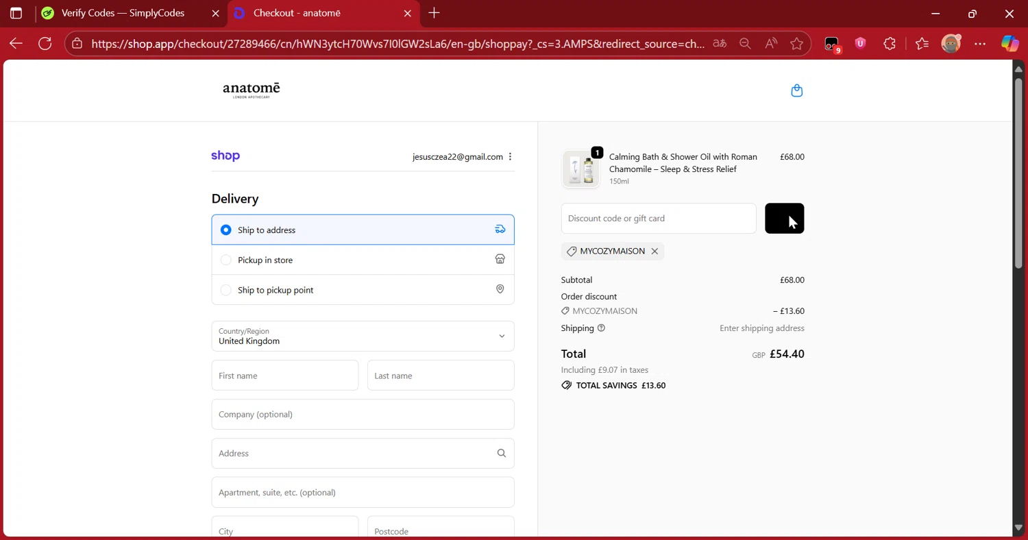 Anatome promo code screenshot showing code MYCOZYMAISON applied at Anatome checkout page. Uploaded by SimplyCodes community member DiscountScout1417 on Oct 11, 2025