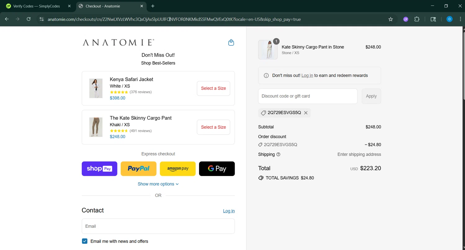 Anatomie discount code screenshot showing code 2Q729ESVGS5Q applied at Anatomie checkout page. Uploaded by SimplyCodes community member _____________ on Jul 10, 2025