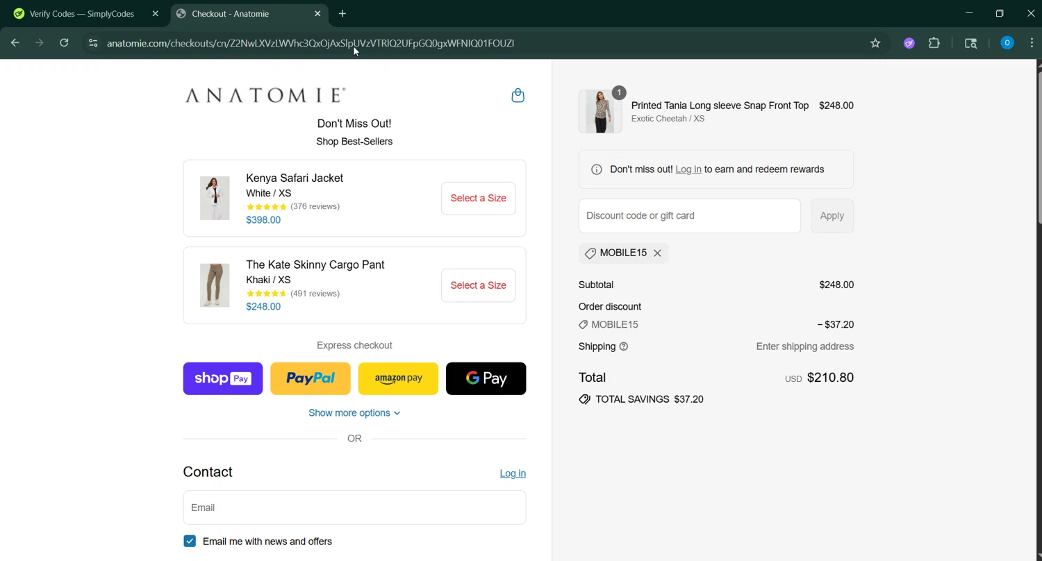 Anatomie discount code screenshot showing code MOBILE15 applied at Anatomie checkout page. Uploaded by SimplyCodes community member GoldChaser6627 on Jul 10, 2025