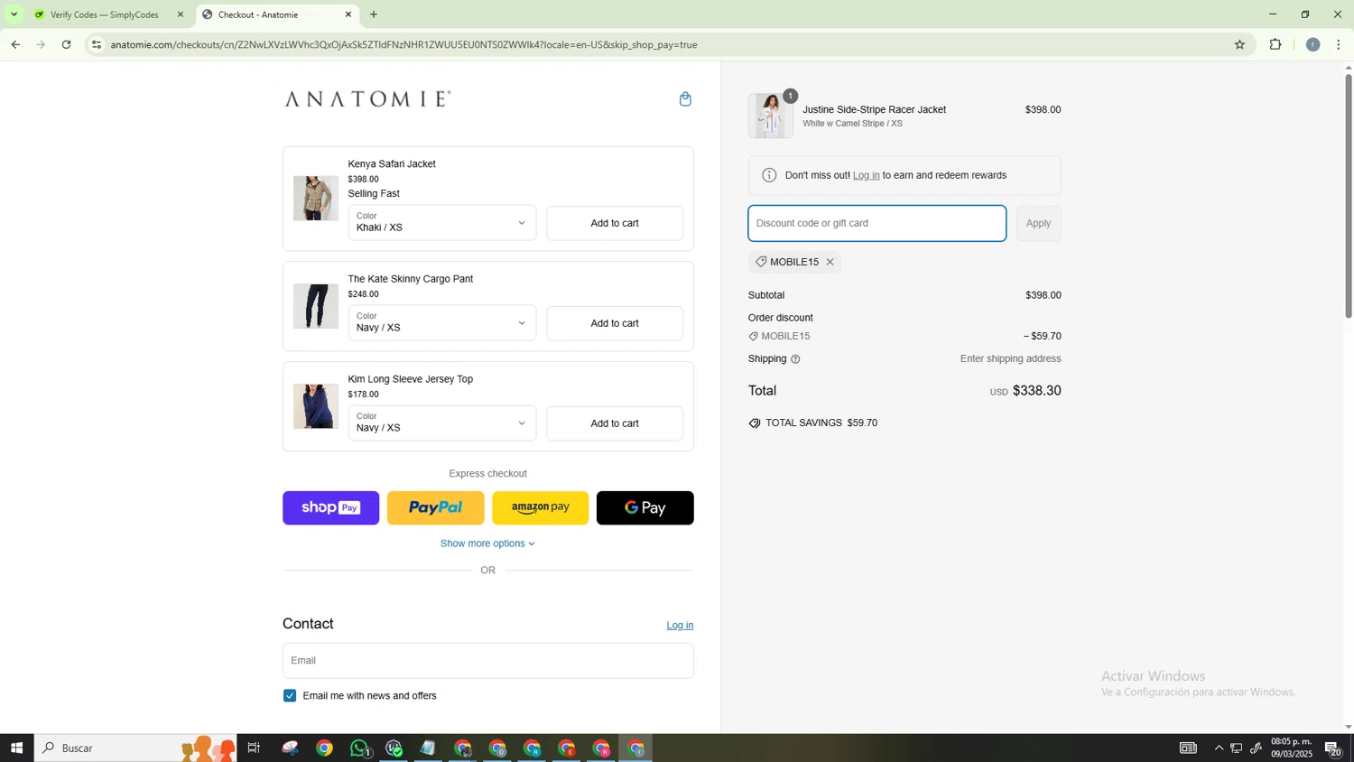 Anatomie discount code screenshot showing code MOBILE15 applied at Anatomie checkout page. Uploaded by SimplyCodes community member CashScholar6568 on Mar 10, 2025