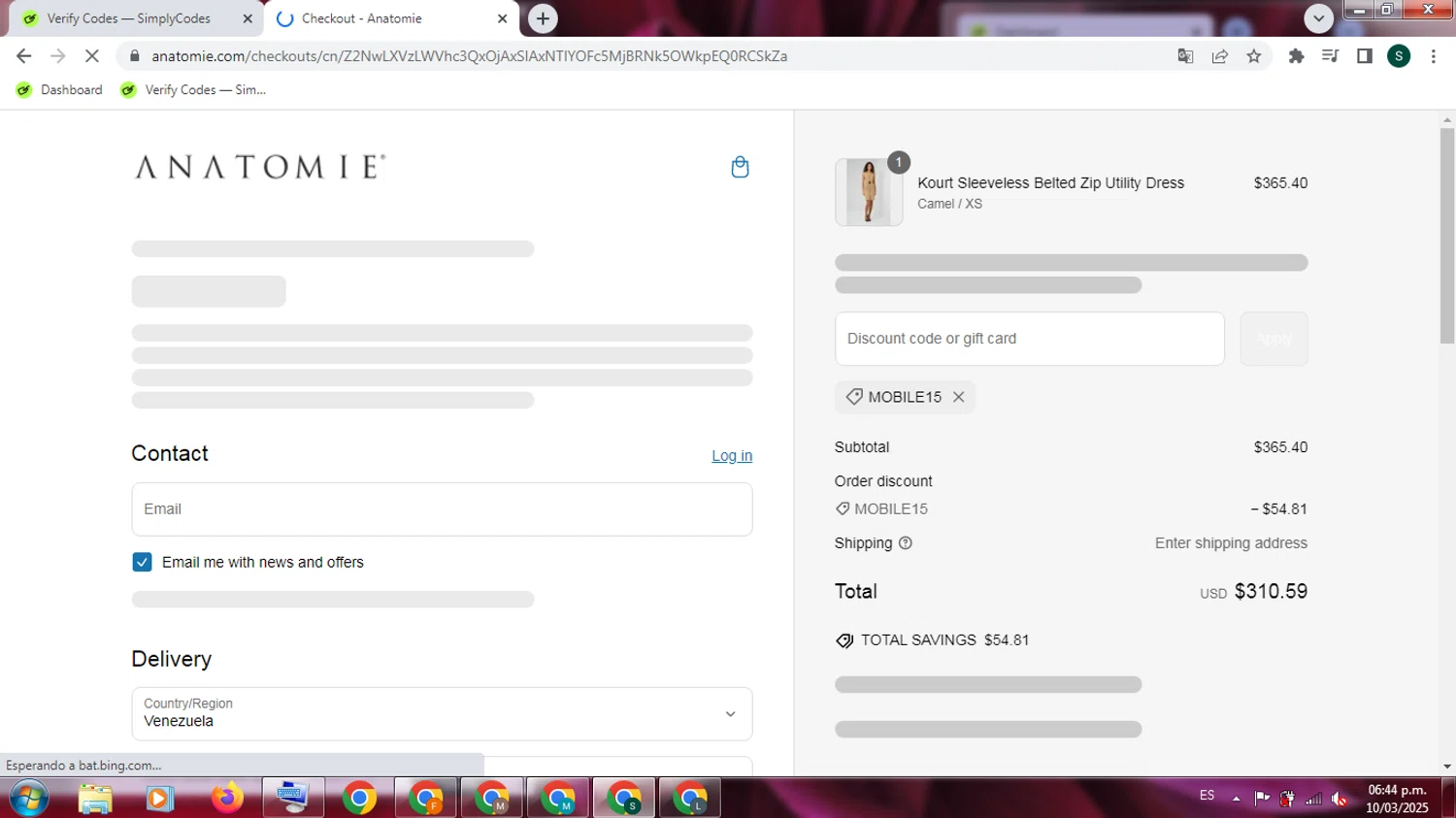 Anatomie discount code screenshot showing code MOBILE15 applied at Anatomie checkout page. Uploaded by SimplyCodes community member PromoExpert3105 on Mar 10, 2025