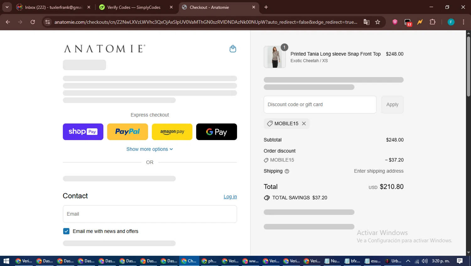 Anatomie discount code screenshot showing code MOBILE15 applied at Anatomie checkout page. Uploaded by SimplyCodes community member ShrewdTitan3233 on Jul 10, 2025