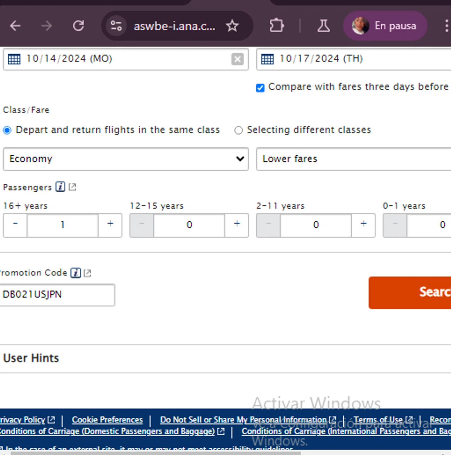 All Nippon Airways US checkout page showing All Nippon Airways US promo code box | Screenshot taken by SimplyCodes community member on Sep 9, 2024