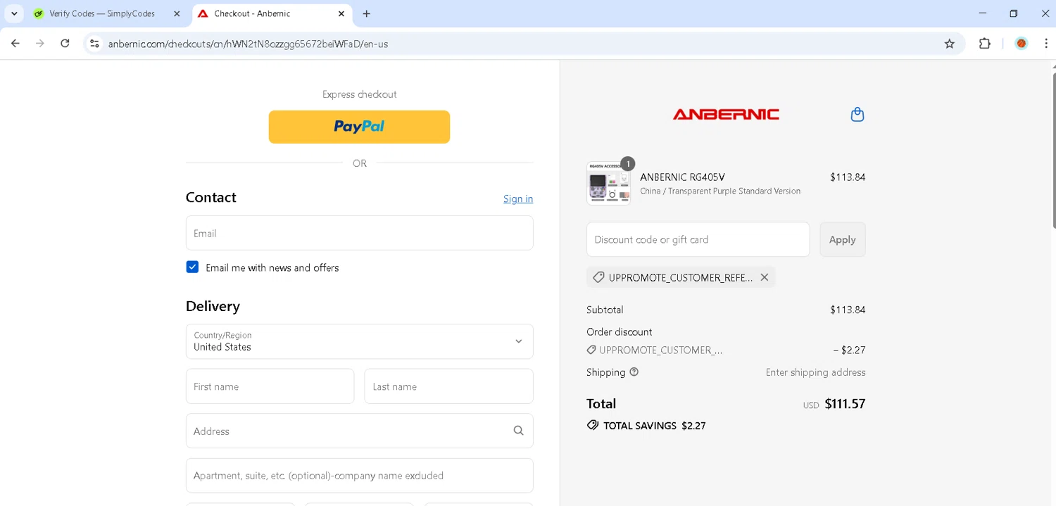 Anbernic discount code screenshot showing code UPPROMOTE_CUSTOMER_REFERRAL applied at Anbernic checkout page. Uploaded by SimplyCodes community member MadaraUchiha07 on Sep 12, 2025