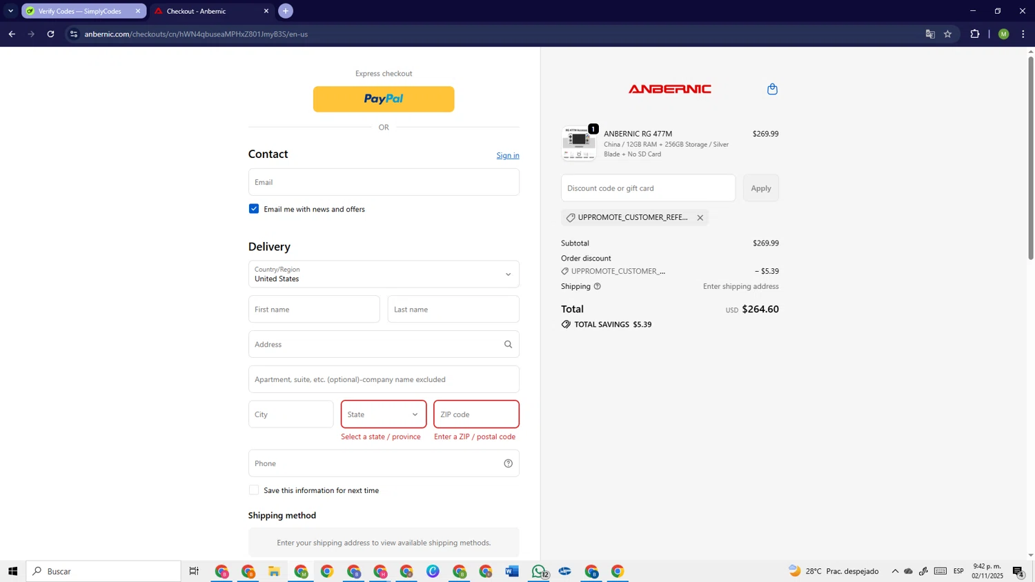 Anbernic discount code screenshot showing code UPPROMOTE_CUSTOMER_REFERRAL applied at Anbernic checkout page. Uploaded by SimplyCodes community member PrimeSage6924 on Nov 3, 2025