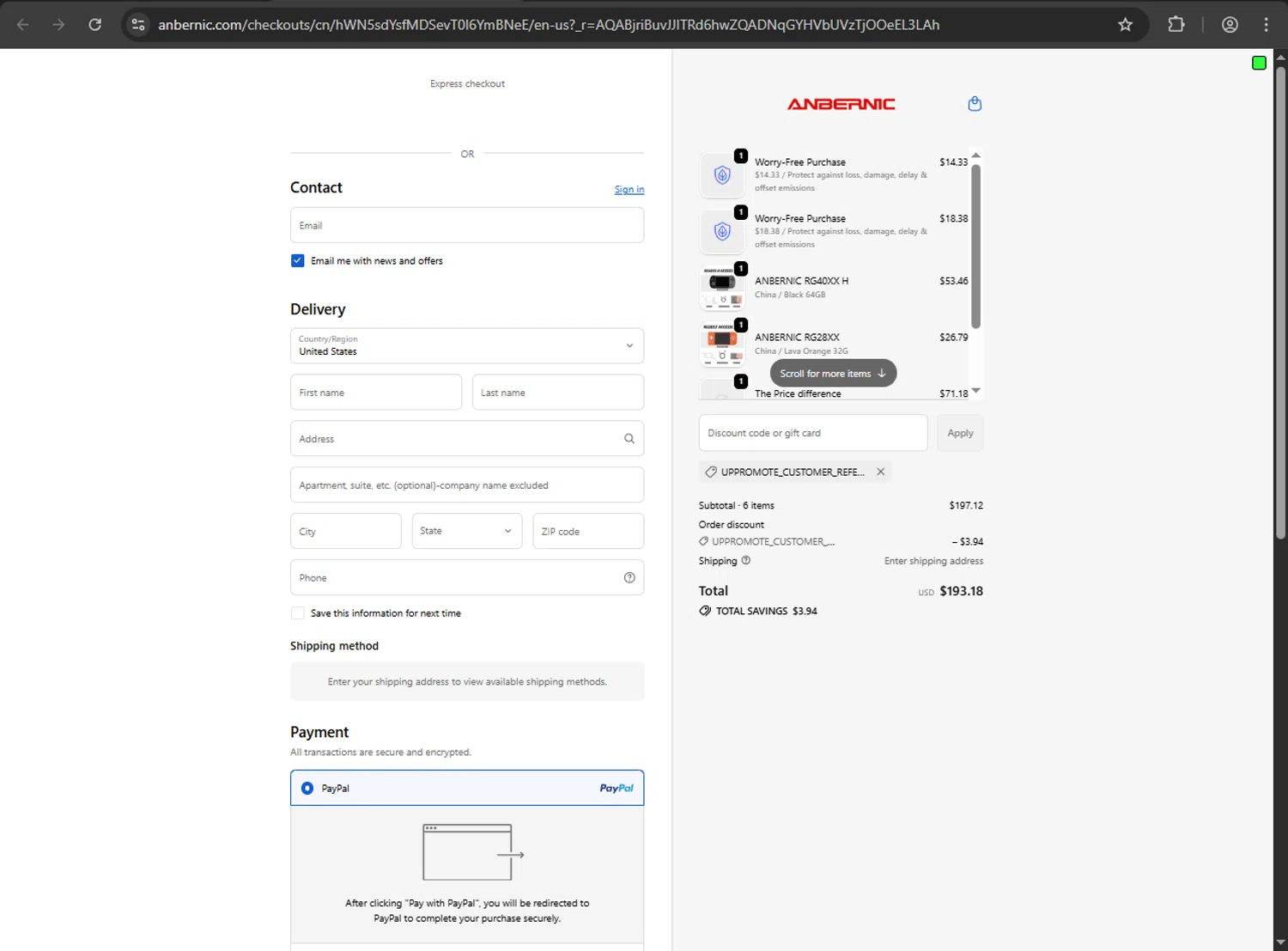 Anbernic discount code screenshot showing code UPPROMOTE_CUSTOMER_REFERRAL applied at Anbernic checkout page. Uploaded by SimplyCodes community member ValiantFox2134 on Nov 30, 2025