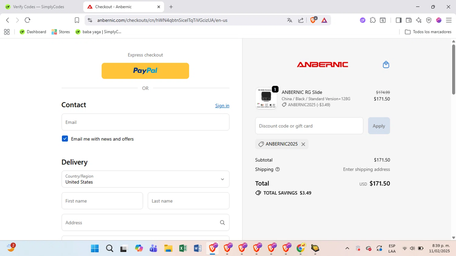 Anbernic discount code screenshot showing code Anbernic2025 applied at Anbernic checkout page. Uploaded by SimplyCodes community member BrilliantSpotter8809 on Nov 3, 2025