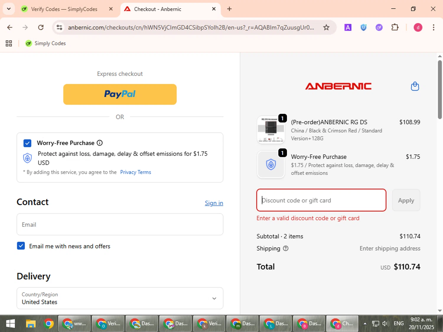 Anbernic discount code screenshot showing code Anbernic2025 applied at Anbernic checkout page. Uploaded by SimplyCodes community member BudgetVoyager5452 on Nov 20, 2025