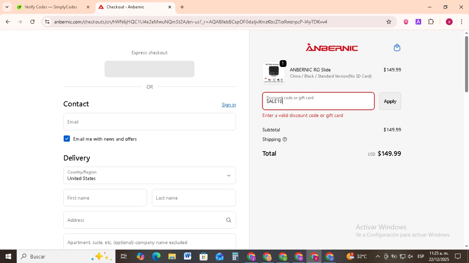 Anbernic discount code screenshot showing code SALE10 applied at Anbernic checkout page. Uploaded by SimplyCodes community member FrugalMonarch7277 on Dec 22, 2025