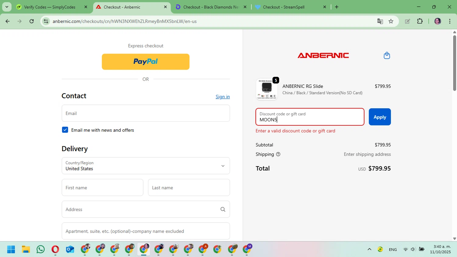 Anbernic discount code screenshot showing code MOON5 applied at Anbernic checkout page. Uploaded by SimplyCodes community member Mari_perez on Oct 11, 2025